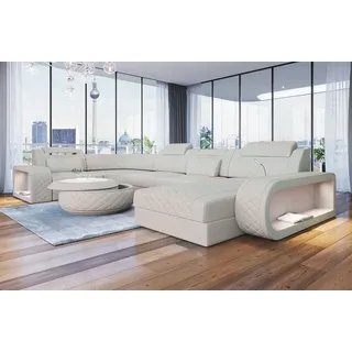 Sofa Dreams Wohnlandschaft Berlin U Form Mini Leder, Designersof, 6-Sitzer, LED-Beleuchtung, Couch, Kopfstützen, USB-Anschluss, Ottomane beige