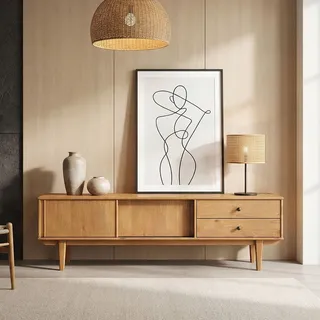 IDIMEX Lowboard Simona, 175 cm aus Massivholz, Eiche Finish - TV Konsole mit 2 Schiebetüren und 2 Schubladen, Kiefer Massivholz, niedriges Sideboard für Wohnzimmer
