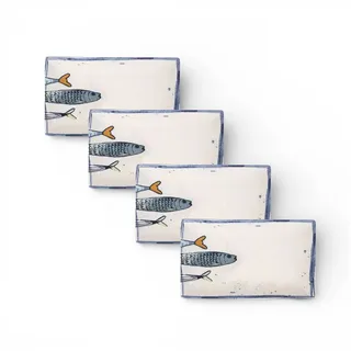 WestCraft Speiseteller Teller im mediterranen Design mit Sardinen-Motiv 2.0, Maritime Teller, (4 St), 4er Set, hochwertig und robust - langlebig und vielseitig einsetzbar weiß rechteckig | Ø 20 cm x 25 cm x 2.5 cm x 15 cm