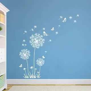 Pusteblume Fensterbilder, Wandtattoo Pusteblume, Wandsticker Blumen Schmetterlinge, Wandaufkleber Wanddeko, Pflanzen Deko, für Fenster Wohnzimmer Schlafzimmer Küche Bad Flur Weiß