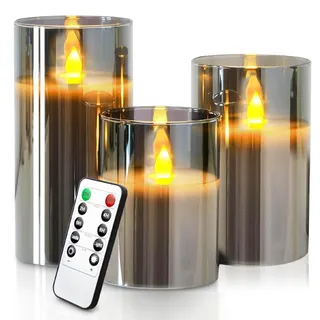 Yinuo Mirror Led Kerzen mit Timerfunktion, Flackernde Flamme, mit Fernbedienung, Bad Deko, Deko Wohnzimmer, Tischdeko Wohnzimmer, Größe 10/12,5/15cm Hoch, 7,5 cm Durchmesser