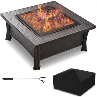 TLGREEN Feuerstelle Outdoor 81x81x51cm, Multifunktions Feuerstelle Garten | Feuerschalen mit funkenschutz, Schürhaken, Grillrost, Ganzjahres Feuerschale, Feuerkorb groß für BBQ, Terrasse, Lagerfeuer