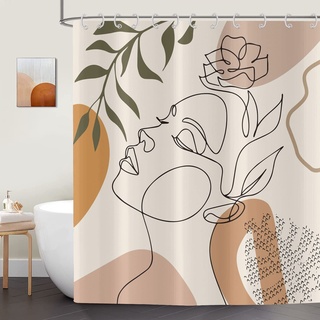 ASDCXZ Boho Style Duschvorhang 150x180 cm, Modern Abstrakt Kunst Beige Mädchen mit Gesicht Blumen Blätter Waschbar Duschvorhänge Polyester Textil Wasserdicht Duschvorhang für Badewanne mit 12 Haken