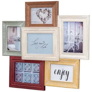 Levandeo® Bilderrahmen Collage, Fotorahmen Antik Collage 56x51cm Echtholz 6 Fotos 10x15 13x18 Vintage