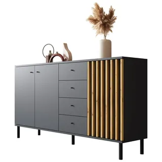 Sideboard 160 cm Schwarz Wildeiche 4 Schubladen 3 Türen Lamellen | Kommode Anrichte Wohnzimmerschrank modern mit Metallbeinen - Schwarz