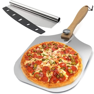 Pizzaschieber Pizzaheber Pizza-schaufel Pizzaschaufel Hochwertig Aluminium Pizzaschieber mit Holzgriff, 66 X 30 cm, und Pizzaschneider 36 x 10 cm