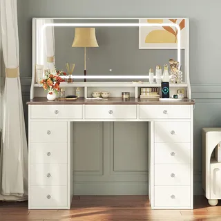 Dripex Schminktisch mit Beleuchtung, Vanity Desk mit 11 Schubladen,110cm LED-Spiegel und Steckdose, Verstellbare Helligkeit, Moderner Schminktisch für Schlafzimmer und Ankleidezimmer, Vintage Braun