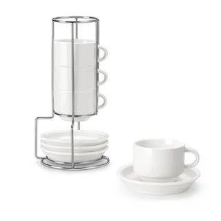 MALACASA Espressotassen 4er Set, 75 ml Espresso Tassen Dickwandig mit Untertassen & Ständer, Stapelbar Italienische Espressobecher aus Weißem Porzellan, Spülmaschinengeeignet, Serie Regular