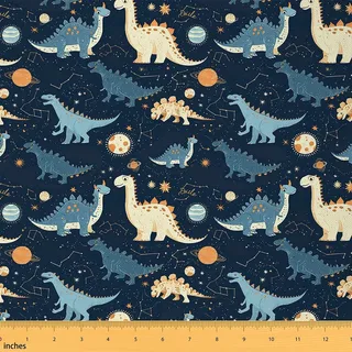 Loussiesd Netter Dinosaurier Stoff 92x150cm Kinder Konstellation Stoff Meterware Galaxie Sonnensystem Weltraum 3D Tier Patchwork Stoffe Blau Polsterstoff Zimmer Dekor