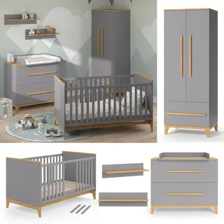 VitaliSpa Babymöbel Set Malia Grau Eiche Wickelkommode Wandregal Kinderbett Kleiderschrank Kinderzimmermöbel Wickelauflage Aufbewahrung Lattenrost Rausfallschutz Kleiderstange