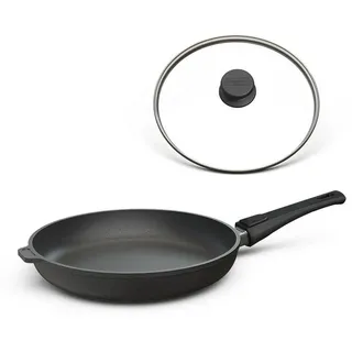 Hoffmann Germany Bratpfanne Aluguss Ø 28 cm mit Deckel – Made in Germany Pfanne, Aluguss (Set, 2-tlg., 1x Bratpfanne Ø 28 cm + 1x Glasdeckel), abnehmbarer Griff, backofenfest bis 250°C, Induktion, Antihaft schwarz Ø 28 cm