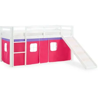 Homestyle4u Hochbett 90 x 200 cm Kiefer massiv lackiert weiß pink