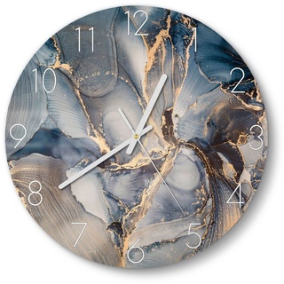 DEQORI Wanduhr 'Marmor-Farbspiel mit Gold' (Glas Glasuhr modern Wand Uhr Design Küchenuhr) blau 30 cm x 30 cm