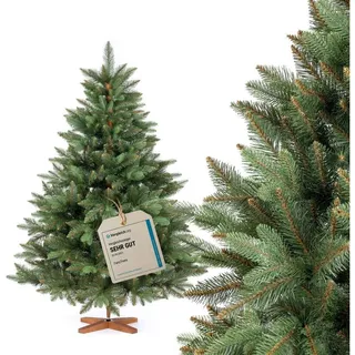 Fairytrees Künstlicher Weihnachtsbaum FT29, Nordmanntanne Premium, mit braunem Stamm und Echtholz Baumständer grün 150 cm
