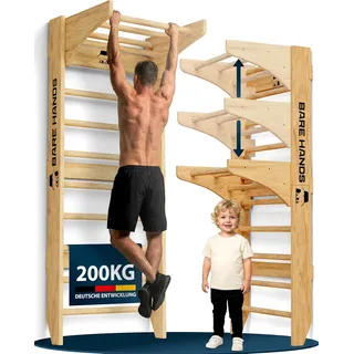 BARE HANDS 3in1 Sprossenwand aus Holz mit Klimmzugstange & Dip Möglichkeit | Hom...