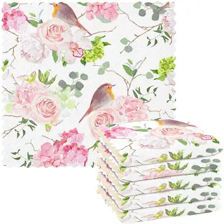 Mikrofaser Reinigungstücher Natur Rotkehlchen Vogel und Pfirsich Rose Rosa Eukalyptus Wiederverwendbare Geschirrtücher zum Abwasch 6 Pack Schwedisches Geschirrtuch Mikrofaser Reinigungstücher Waschbar