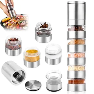 Aoreun Reise Gewürz Set, 5 in 1 Gewürzstreuer mit Gewürzmühle, Edelstahl Tragbare Gewürzstreuer Mini Gewürzgläser Set mit Deckel, Mini Salzstreuer Gewürzdosen für Reisen Picknick BBQ Steak