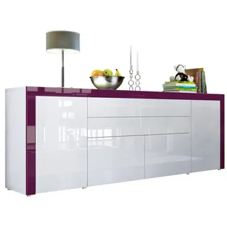 Vladon Sideboard La Paz V2 (Kommode mit 2 Türen, 2 Schubkästen und 2 Klappen, Korpus Weiß matt), Front Weiß Hochglanz & Brombeer Hochglanz (200 x 72 x 35 cm) weiß