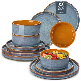 vancasso Geschirrset 12 Personen, 36-tlg Steingut Teller Set, Geschirr Blau, Tafelservice mit Speiseteller, Salatteller und Schüsseln - Galaxie-inspiriertes Design, ONION Serie