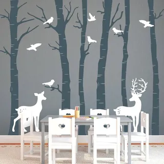 Wandtattoo Loft Birkenstämme mit Hirsch und Reh (2farbig) in der Größe 250 cm hoch x 341 cm breit/Wald/Tiere/Wandaufkleber/Wandsticker