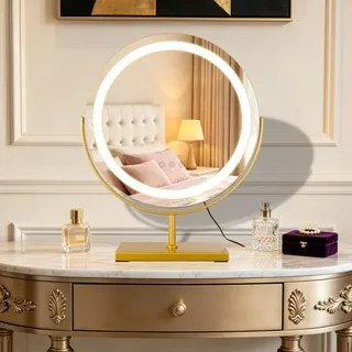 MantoLite mit Beleuchtung Kosmetikspiegel LED Schminkspiegel 40cm Gold | Stehender Make-up-Spiegel mit Beleuchtung, dimmbar, 3 Lichtfarben, 360°-Make-up-Spiegel mit Touch-Funktion