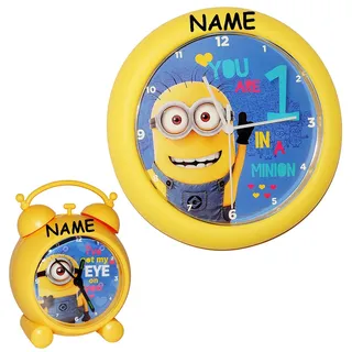 alles-meine.de GmbH 2 TLG. Set__ Wanduhr + Wecker - Minions Ich einfach unverbesserlich - incl. Namen - 26 cm groß - sehr leise ! - Uhr - Analog - Wohnzimmer & Kinderzimmer ..