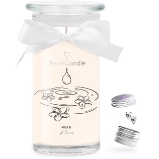 JuwelKerze Milk & Monoi Ohrringe Silber - große Schmuckkerze 80 Std - Duftkerze mit blumigem Duft - Kerze mit Schmuck - Geschenke für Frauen, Geburtstag