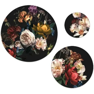 artissimo Bilder-Set rund 3-teilig AG5314 – Wandbilder Kreise 55/40/25 cm, moderne Bilderwand Vintage Blumen, Wanddeko Schwarz Floral