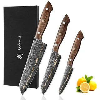 Wakoli Messer-Set 3 Damast Küchenmesser 9-18cm Klingen mit Kupfereinlage Ahornwurzelholz (Damastmesser-Set mit Geschenkbox, 3-tlg., 3er Damastmesser-Set), Damaststahl, VG10 braun|silberfarben