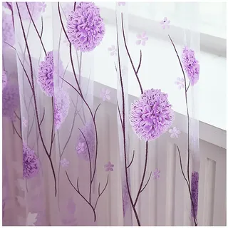 PSKJHN Transparente Drucken Gardinen Lila Blumen Schlafzimmer Voile Vorhang Stangendurchzug Fenstervorhänge 2 Stücke Für Wohnzimmer Balkon, W120xL190cm,Purple
