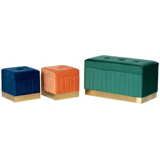 Adda Home Set mit 3 Sitzstangen, MDF, Samt, Metall, Blau/Orange/Grün/Gold, 80X40X44/36X36X34/36X36X34 cm