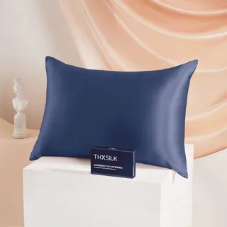 THXSILK 25 Momme Seide Kissenbezug für Haar und Haut - Maulbeerseide Kissenbezug - Hypoallergen mit Versteckter Reißverschluss - Pure Seide auf Beide Seiten ... (Luxus-Dunkelblau, 40x80cm)