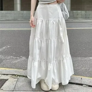 Boho-Stil Damen Plissee A-Linie Maxirock, fließendes gestuftes Design für Urlaub und Urlaub Outfits (M Weiß)