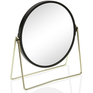 MGE - Kosmetikspiegel Rund - Kleiner Spiegel Doppelseitig - Normal und 7-Fach Vergrößerungsspiegel - Standspiegel Klein - Rasierspiegel - Schminkspiegel - Schwarz und Gold