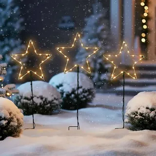 LED Garten Stecker Stern 3er Set -  30 / 24 cm - Weihnachten Deko Timer Außen