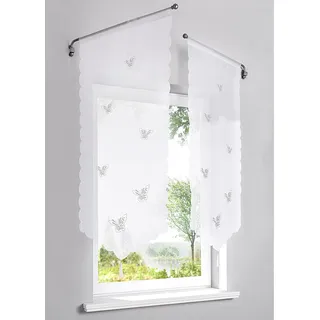 Devola Voile transparent Scheibengardinen mit Lasercut Schmetterlinge Muster mit Quaste Fenster Gardinen Panneaux mit Tunnelzug Gardine HxB 120x60cm Weiß 1er Pack