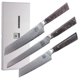 ZAYIKO Damastmesser Damastmesser DAITO PROFI LINE 3er Messer Set Ahornholz VG-10 Stahlkern grau|silberfarben