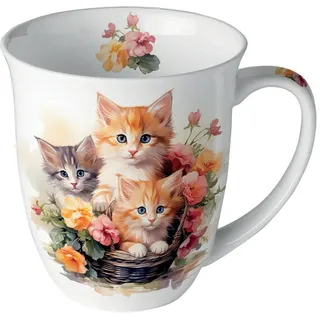 Ambiente Kaffee Tee Porzellantasse Henkelbecher 400ml XL Jumbotasse Fine Bone China Porzellan Katzen Blumen