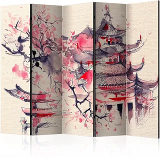murando - Paravent Raumteiler Japanischer Kirschbaum, 225x172 cm, 5-teilig | Mobiler Sichtschutz, sofort einsatzbereit, Holzrahmen, ideal fürs Wohnzimmer oder Büro, geruchsneutral, lichtbeständig