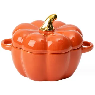 Justup 450ml Halloween Kürbis Keramik Suppenschüssel mit Henkel (Orange) | Keramik Tassen mit Deckel, Dessertschüssel Salatschüssel Mikrowellengeschirr, Decor-Geschirr für Thanksgiving Halloween