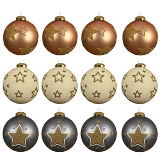 Decoris season decorations Weihnachtsbaumkugel, Weihnachtskugeln Glas 8cm mit Sternen Muster 12er Set beige / grau beige|grau