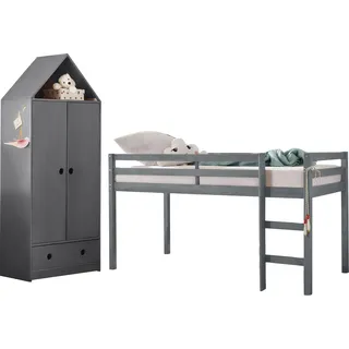 Jugendzimmer-Set LÜTTENHÜTT "Alpi" Schlafzimmermöbel-Sets grau Baby Komplett-Kinderzimmer Hochbett und Kleiderschrank in Hausoptik, perfekt für kleine Räume