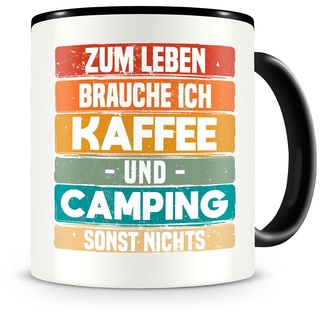 Samunshi® Camping Tasse mit Spruch Kaffee und Camping Geschenk für Camping Fans Kaffeetasse groß Lustige Tassen zum Geburtstag schwarz 300ml