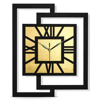ORNAMENTI Wanduhr Große handgefertigte, moderne, aus Holz, Hingucker, 44 x 56 cm, Gold (Rechteckig vertikal ohne Tickgeräusche für Wohnzimmer lesbare Ziffern) goldfarben