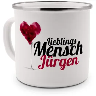 printplanet Emaille-Tasse mit Namen Jürgen - Metallbecher mit Design Lieblingsmensch - Nostalgie-Becher, Camping-Tasse, Blechtasse, Farbe Silber