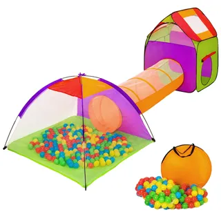 tectake® Spielzelt mit Tunnel, 200 Bällen und Tasche - bunt