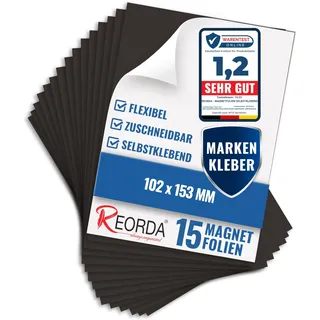 REORDA® Magnetfolie selbstklebend 15er Set - Magnetpapier mit starkem Marken-Kleber - Magnetplatte zuschneidbar für Kühlschrank, Tafeln & Poster - Magnetische Folie selbstklebend für's Basteln