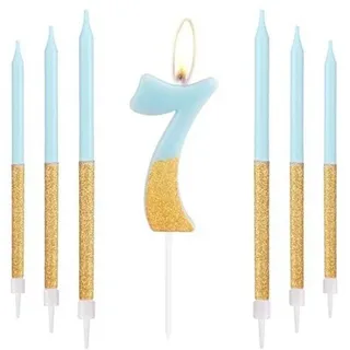 Famanu Geburtstagskerzen Blau und Gold - Nummer 7 und lange Stabkerzen