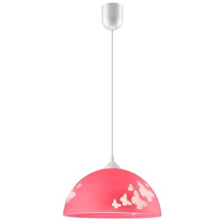 Licht-Erlebnisse Pendelleuchte THORLEY, ohne Leuchtmittel, Kinderlampe Pink Glasschirm Schmetterlinge Kinderzimmer Lampe rosa