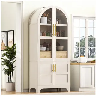 HAUSS SPOLE Hochschrank mit verstellbaren Regalböden,Highboard Esszimmer mit Schublade,Weiß (Küchen- und Esszimmerschrank 76×40×180cm für Wohnzimmer) mit verstellbaren Einlegeböden und halboffenen Präsentationsfächern weiß